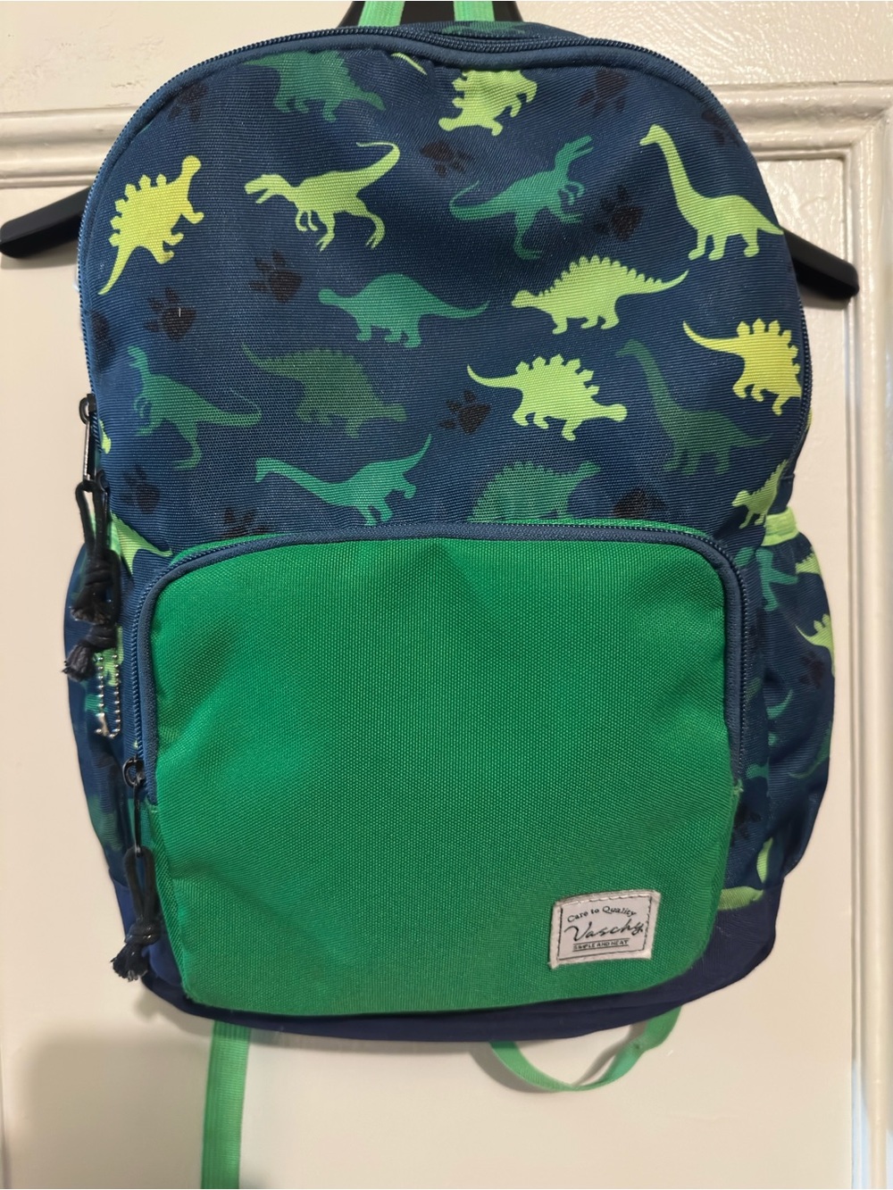 Vaschy Kids Dinosaur Print Green & Blue Backpack. 15”L x 14” W.